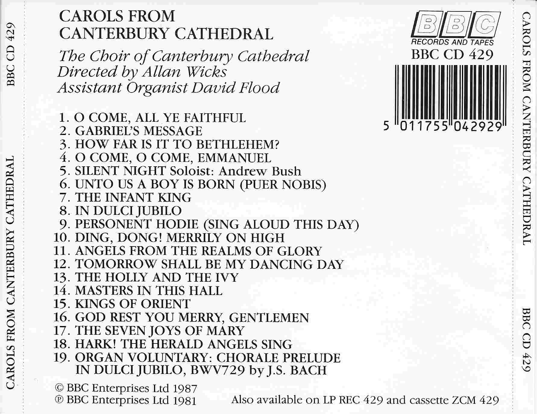 Picture of BBCCD429 Christmas carols from Canterbury Cathedral by artist Various from the BBC records and Tapes library